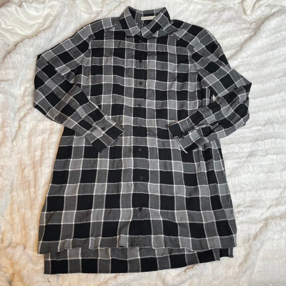 ALICE + OLIVIA Black Grey Longsleeve‎ Plaid Tunic Top Button Up Small 6